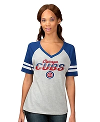 G-iii 4Her by Carl Banks Women's Heather Gray Chicago Cubs Goal Line Raglan V-Neck T-Shirt
