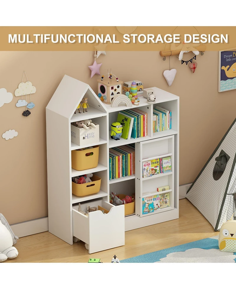 homfan Kids 7-Cubby Bookshelf with Removable Drawer, 3-Tier Sling Toy Storage Organizer, Easy Assembly Toddler Storage Cabinet for Playroom Nursery
