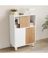 homfan Wooden Freestanding Storage Cabinet with Sliding Doors and Adjustable Shelves, Multi-Use Organizer for Office, Living Room, Kitchen, Bathroom