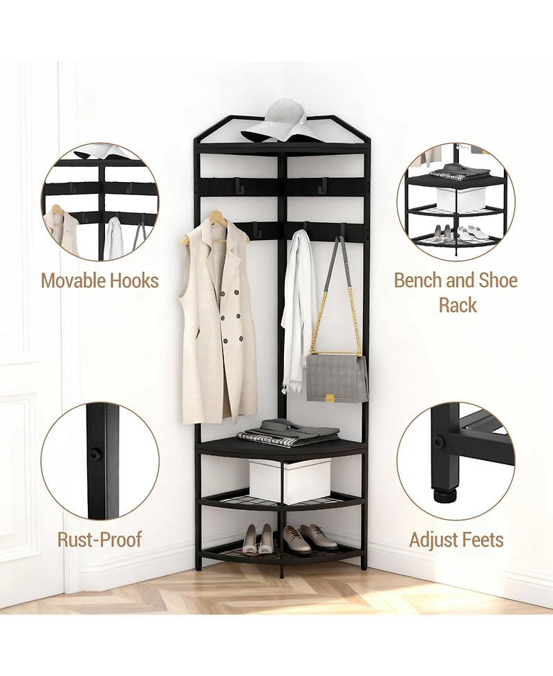 homfan 4-in-1 Corner Hall Tree Shoe Bench - 71in Tall Space-Saving Freestanding Entryway Organizer with 4 Storage Shelves and 6 Hooks