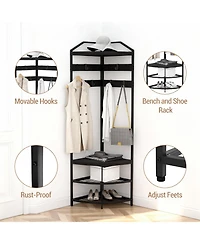 homfan 4-in-1 Corner Hall Tree Shoe Bench - 71in Tall Space-Saving Freestanding Entryway Organizer with 4 Storage Shelves and 6 Hooks