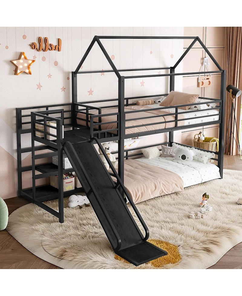 Streamdale Furniture metal House Bunk Bed with Storage Stairs Slide Safety Rails