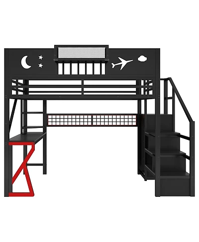 Streamdale Furniture Full Size Metal Loft Bed with Stairs Wardrobe and Storage Shelf