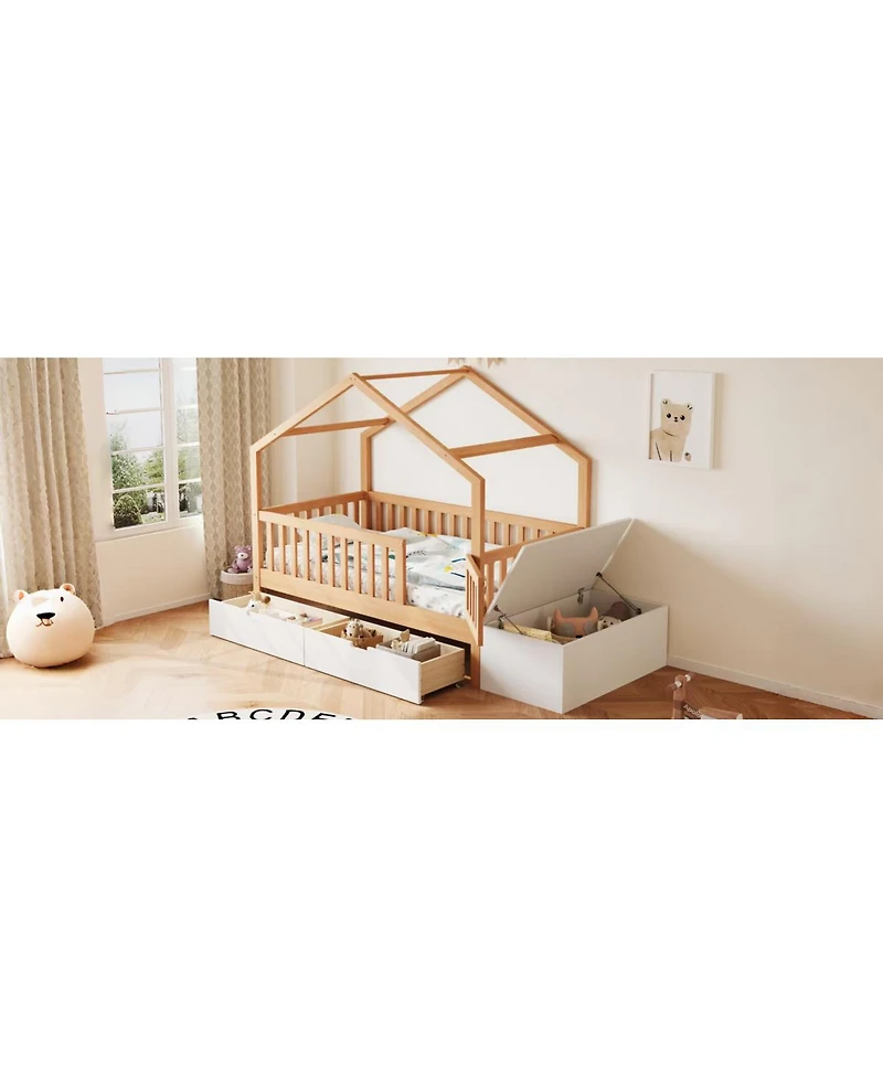 Streamdale Furniture Toddler Playhouse Bed with Storage Drawers Safety Railings and Lift-Top Chest