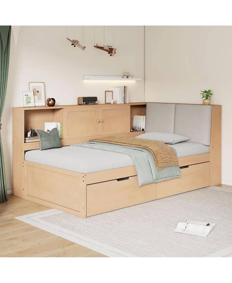 Streamdale Furniture Wooden L-Shaped Twin Daybed with Storage Bookcase and Usb Ports