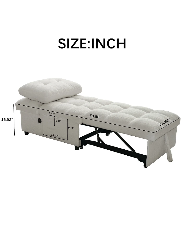 Streamdale Furniture Teddy Fabric Single Sofa Bed with Usb Port and Storage Pocket