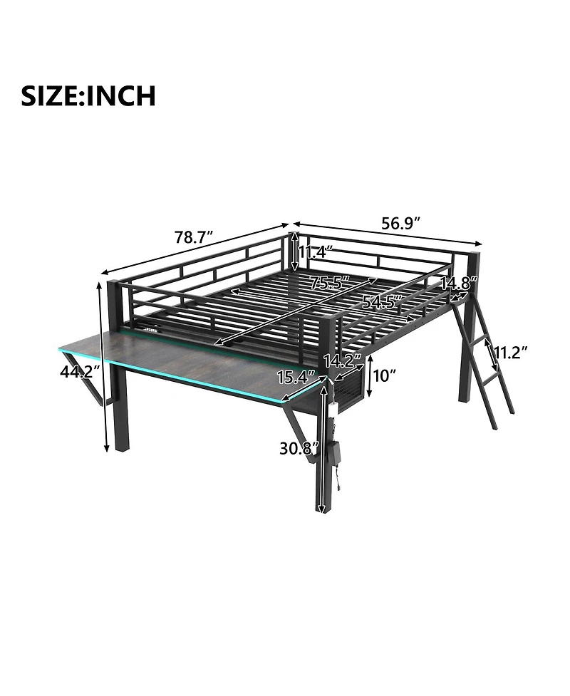 Streamdale Furniture Gaming mid loft bed with desk Led
