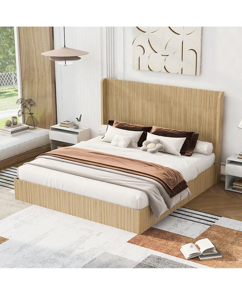 Streamdale Furniture King Size Mid-Century Fluted Wood Platform Bed with Wingback Headboard