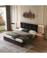 Streamdale Furniture Luxurious Velvet Platform Bed with Built-in Lamps Tables and Metal Frame