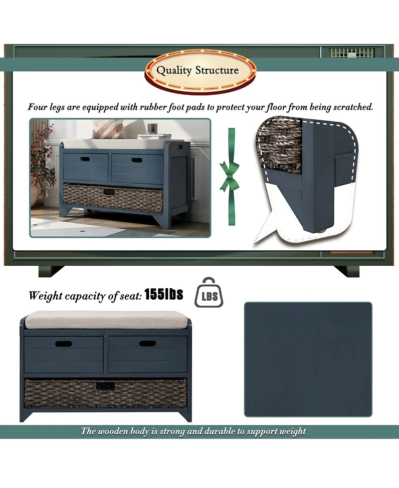 Streamdale Furniture Storage Bench with 2 Drawers Removable Basket and Cushion