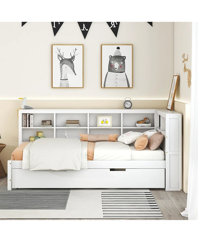Streamdale Furniture Wooden Twin Daybed with Trundle Storage Shelf and Usb Ports