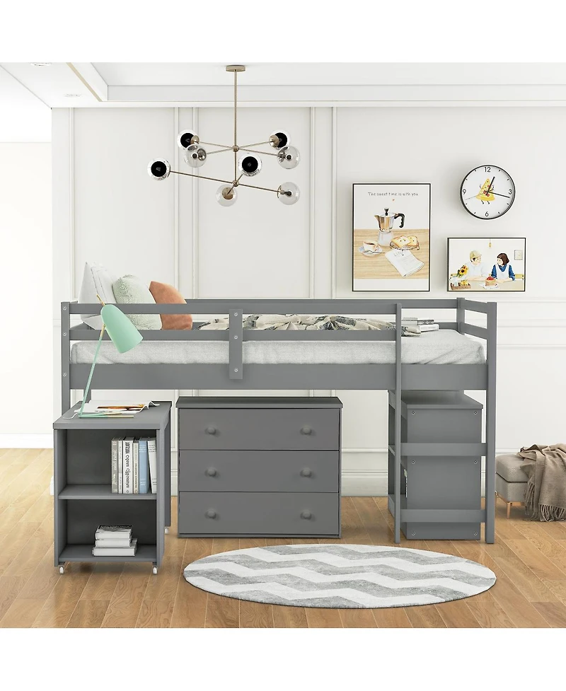 Streamdale Furniture Low Study Twin Loft Bed with Cabinet and Rolling Portable Desk
