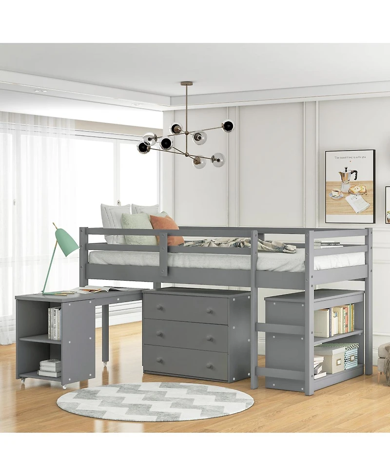 Streamdale Furniture Low Study Twin Loft Bed with Cabinet and Rolling Portable Desk