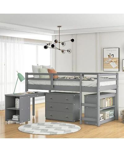 Streamdale Furniture Low Study Twin Loft Bed with Cabinet and Rolling Portable Desk