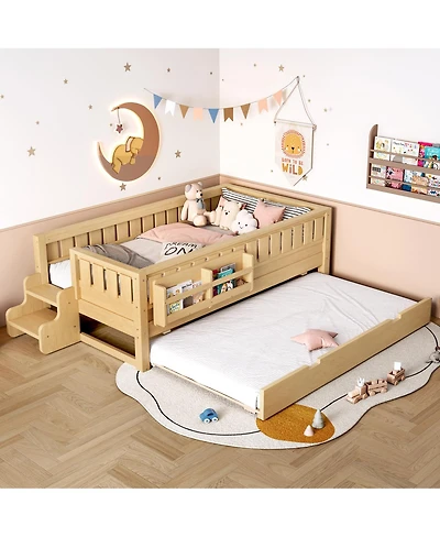 Streamdale Furniture Bed with Bookshelves Staircase Safety Rails and Trundle Light