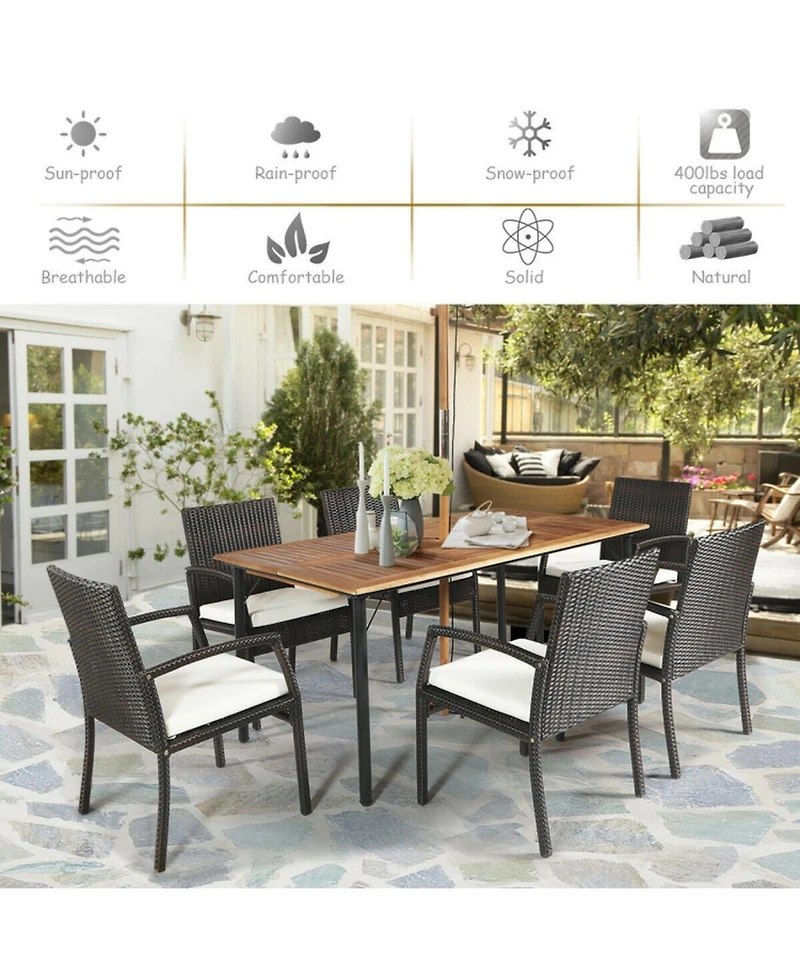 Gouun 7-Piece Patio Rattan Cushioned Dining Set with Acacia Wood Table and Umbrella Hole