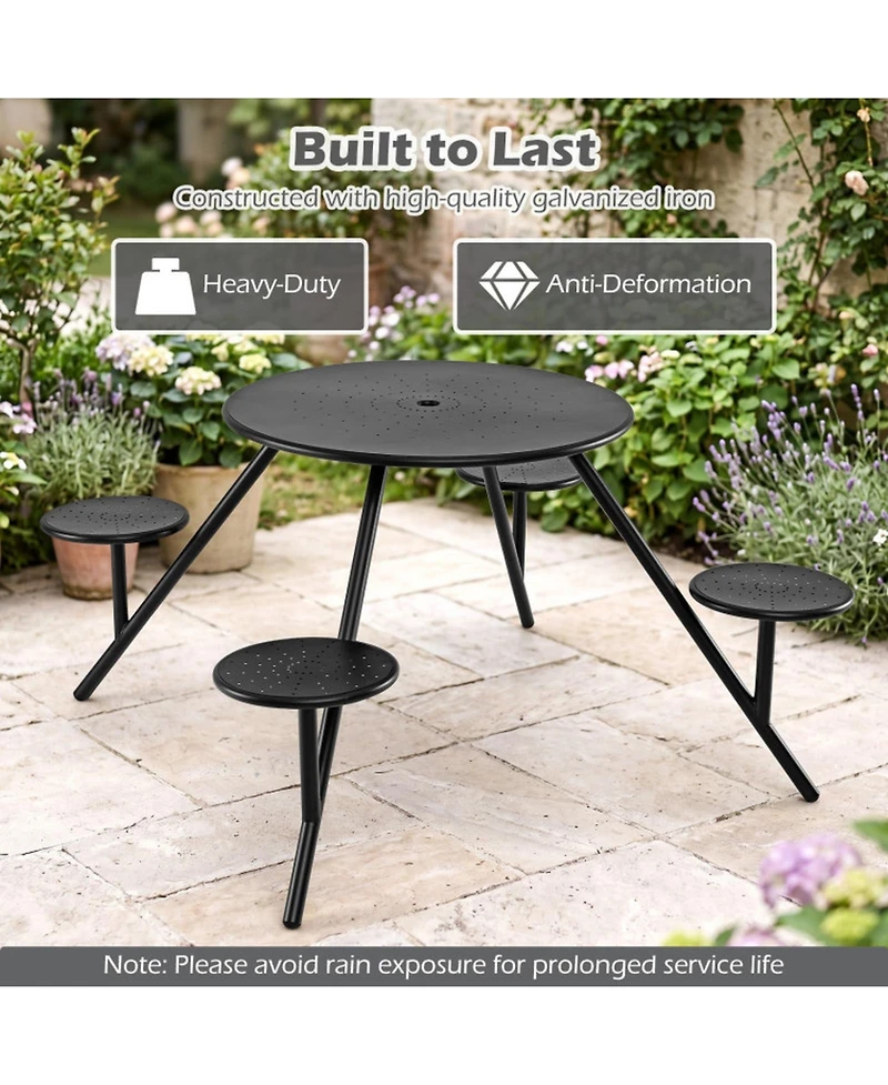Gouun Heavy-Duty Round Galvanized Iron Picnic Table for 4 with Built-In Seats