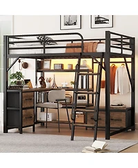 Streamdale Furniture Full Size Metal Loft Bed with Desk Storage Shelves Wardrobe and Drawers