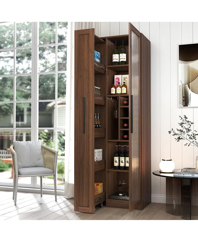 Streamdale Furniture Farmhouse Kitchen Pantry Cabinet with Pull-Out Storage and Glass Doors