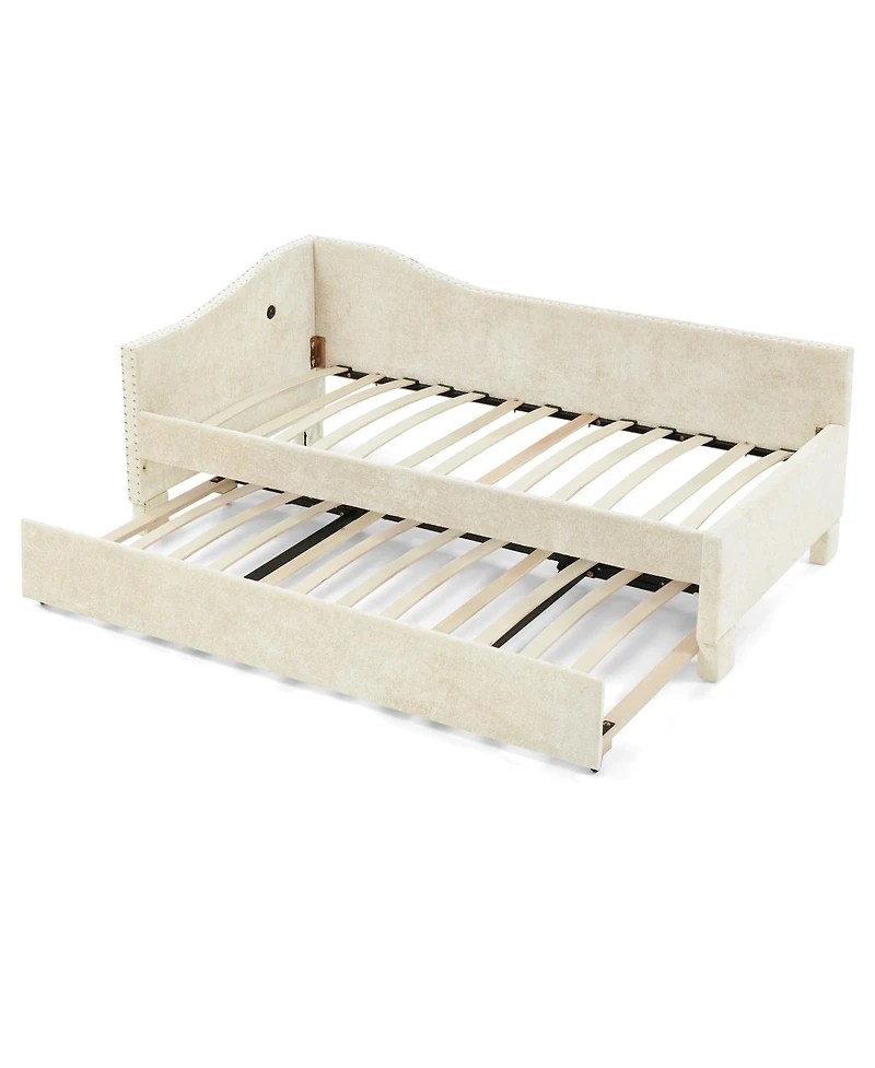 Streamdale Furniture Full Size Curved Padded Daybed with Trundle Nailhead Trim and Usb Port