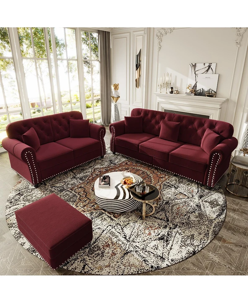 Streamdale Furniture Velvet Chesterfield Sofa with Nailhead Trim and Ottoman