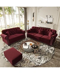 Streamdale Furniture Velvet Chesterfield Sofa with Nailhead Trim and Ottoman