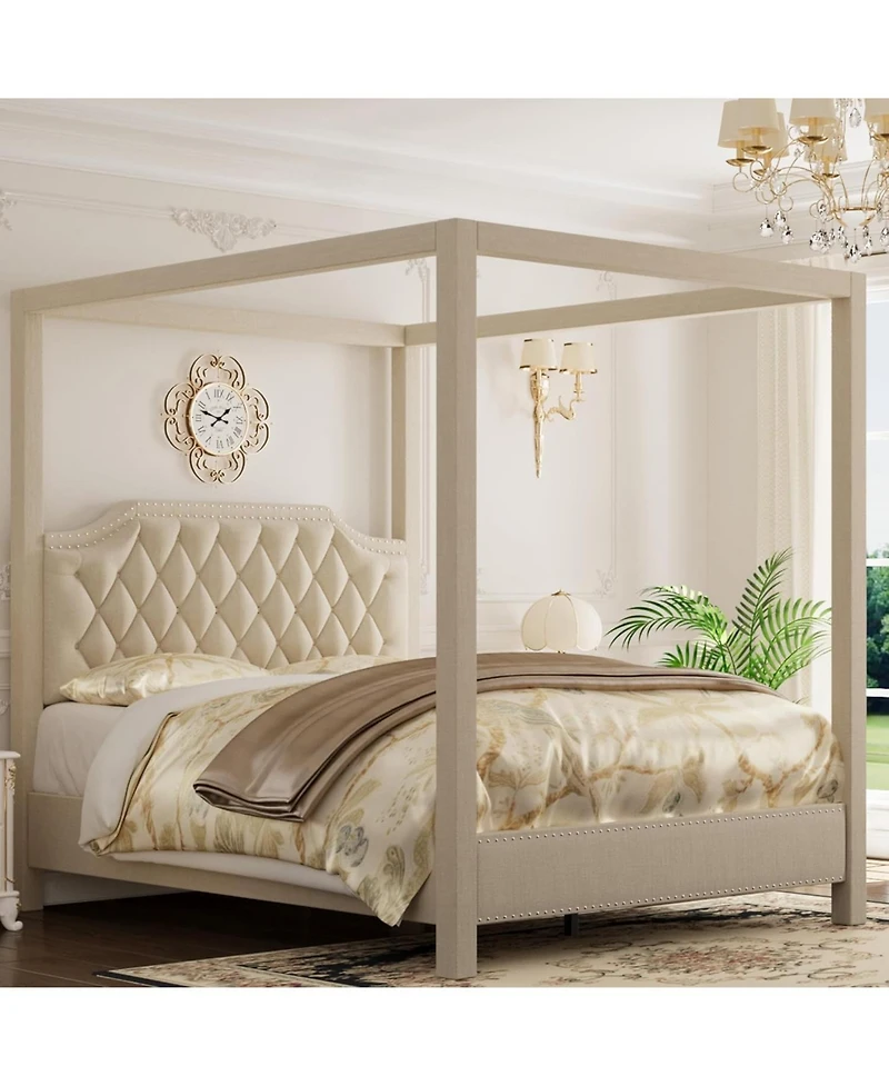 gaomon Canopy Bed Frame with Headboard Wingback, Soft Fabric, Retro Simple Style Platform Bed No Box Spring Needed