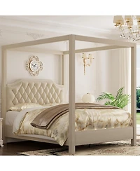 gaomon Canopy Bed Frame with Headboard Wingback, Soft Fabric, Retro Simple Style Platform Bed No Box Spring Needed