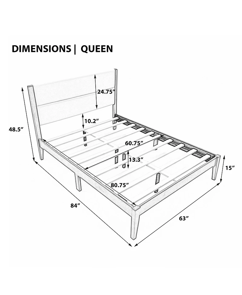 Streamdale Furniture Mid-Century Modern Upholstered Queen Platform Bed Natural Wood