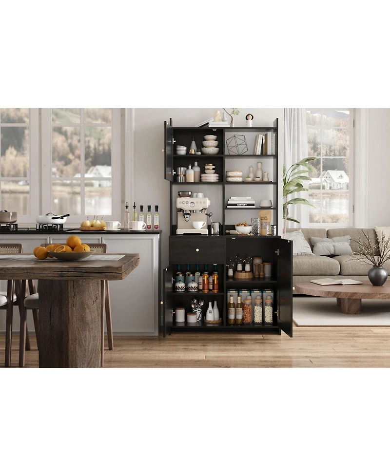 homfan 71 Inch Tall Kitchen Pantry Cabinet with Rattan Doors Storage Hutch Microwave Stand and Adjustable Shelves
