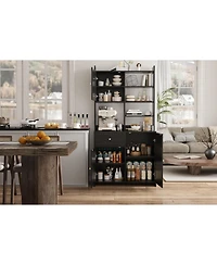 homfan 71 Inch Tall Kitchen Pantry Cabinet with Rattan Doors Storage Hutch Microwave Stand and Adjustable Shelves