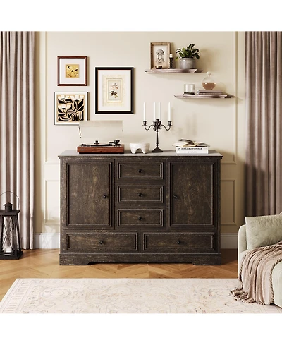 homfan Farmhouse Sideboard Buffet Cabinet with 5 Drawers and 2 Doors Coffee Bar Console Table for Dining Room Living Entryway