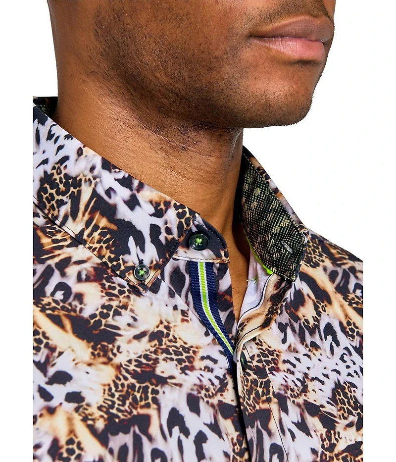 Society of Threads Men's Regular Fit 4-Way Stretch Performance Leopard Print Short Sleeve Button Down