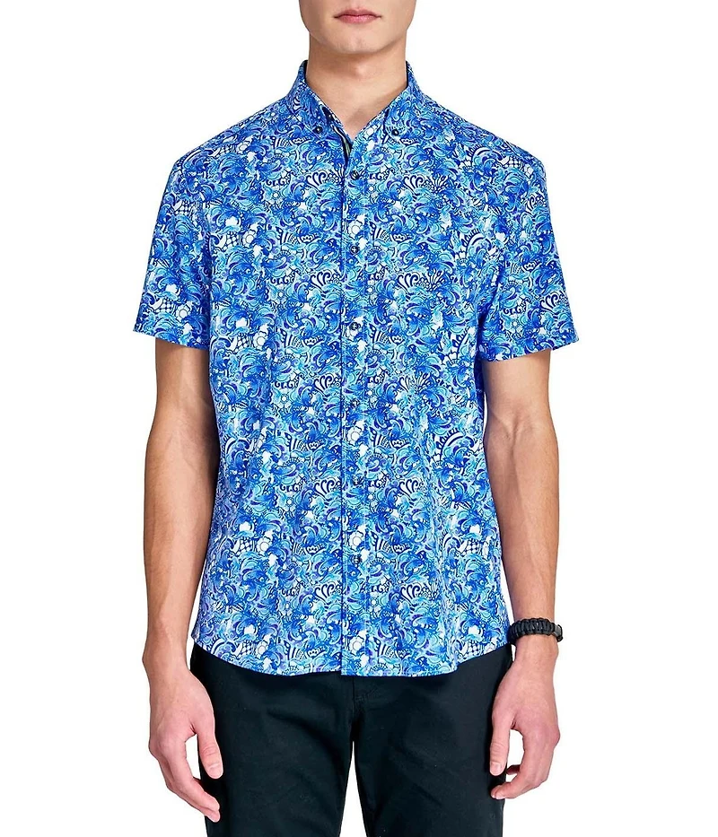 Society of Threads Men's Regular Fit 4-Way Stretch Performance Rustic Paisley Short Sleeve Button Down