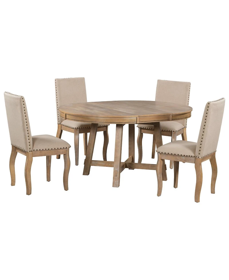 Streamdale Furniture 5-Piece Extendable Round Farmhouse Dining Set with 4 Upholstered Chairs