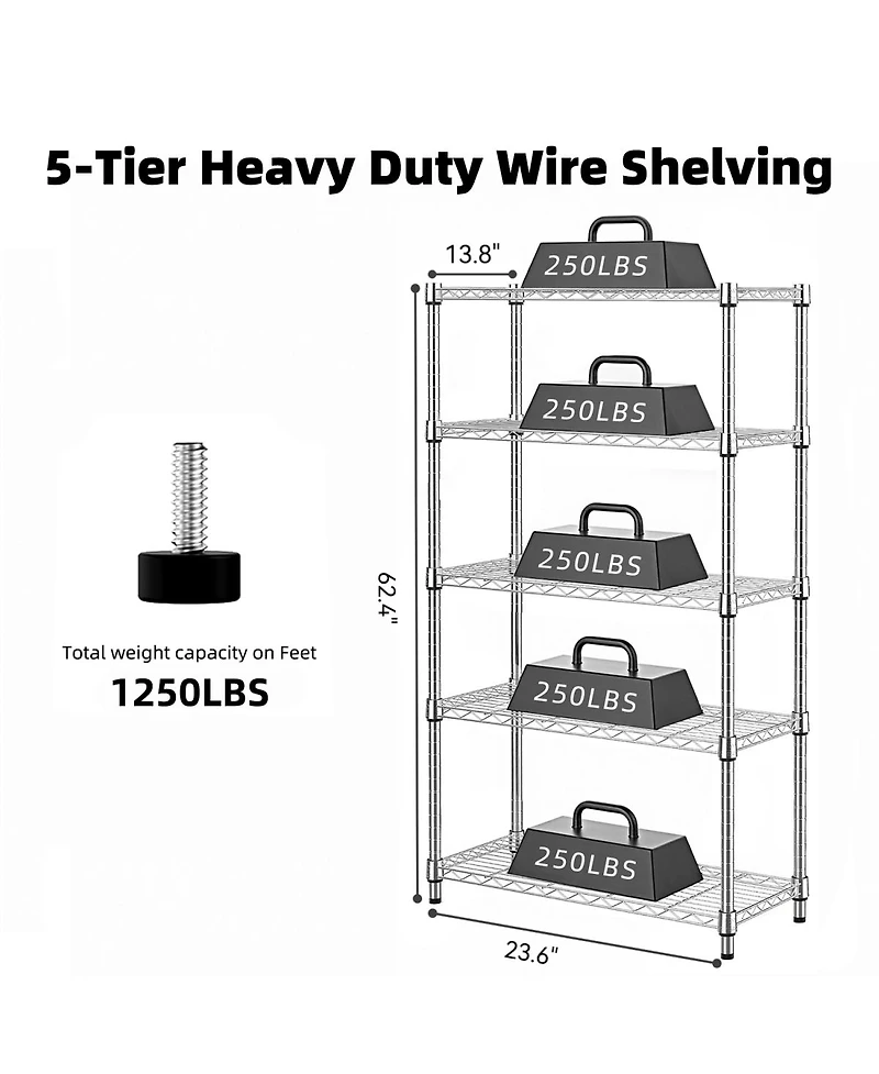Streamdale Furniture 5-Tier Heavy Duty Steel Wire Shelving Unit 1250 Lbs Capacity
