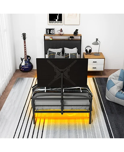 Streamdale Furniture Twin Gaming Bed with Rotating Tv Mount Led Lights and Console Storage