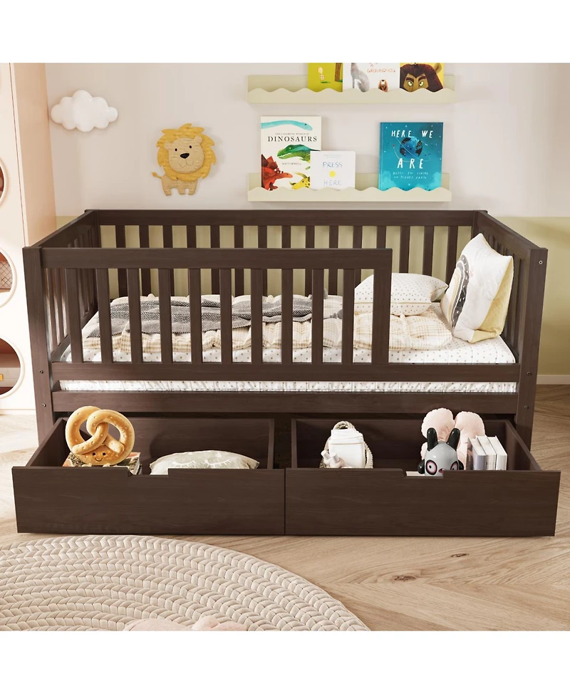 Streamdale Furniture 3-in-1 Solid Wood Convertible Toddler Bed with Storage Drawers Espresso