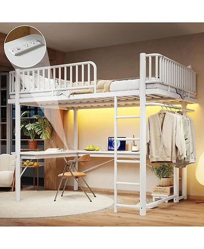 Streamdale Furniture Queen Metal Loft Bed with L-Shaped Desk Led Lights and Charging Station