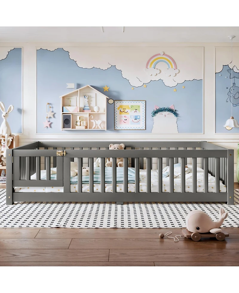 Streamdale Furniture Full Size Bed Floor Bed with Safety Guardrails and Door for Kids