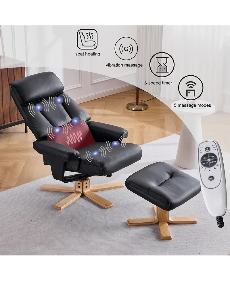 Streamdale Furniture Pu Leather Heated Massage Swivel Accent Chair with Ottoman