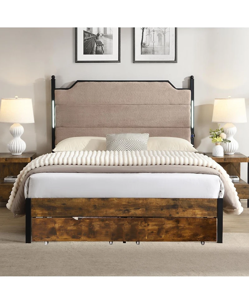 Streamdale Furniture Upholstered Bed Frame with Led Lights Charging Station and 2 Drawers