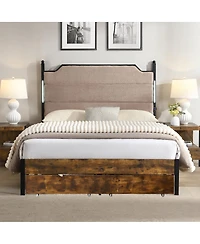 Streamdale Furniture Upholstered Bed Frame with Led Lights Charging Station and 2 Drawers