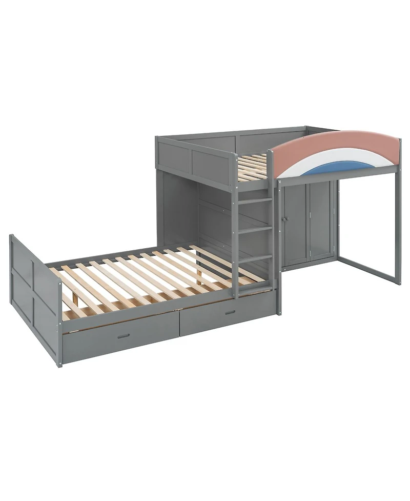 Streamdale Furniture Full Size Offset Bunk Bed with Wardrobe Drawers and Upholstered Guardrail