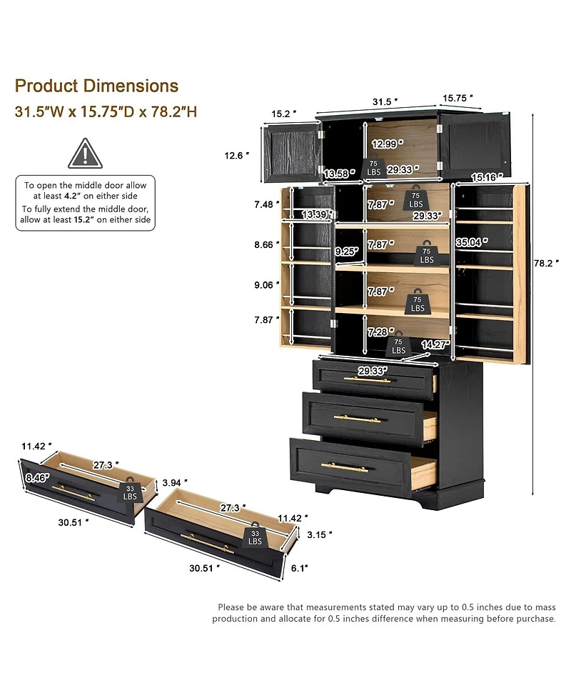 Streamdale Furniture 78.2'' Farmhouse Kitchen Pantry Cabinet with 8 Door Shelves and 3 Drawers Ash