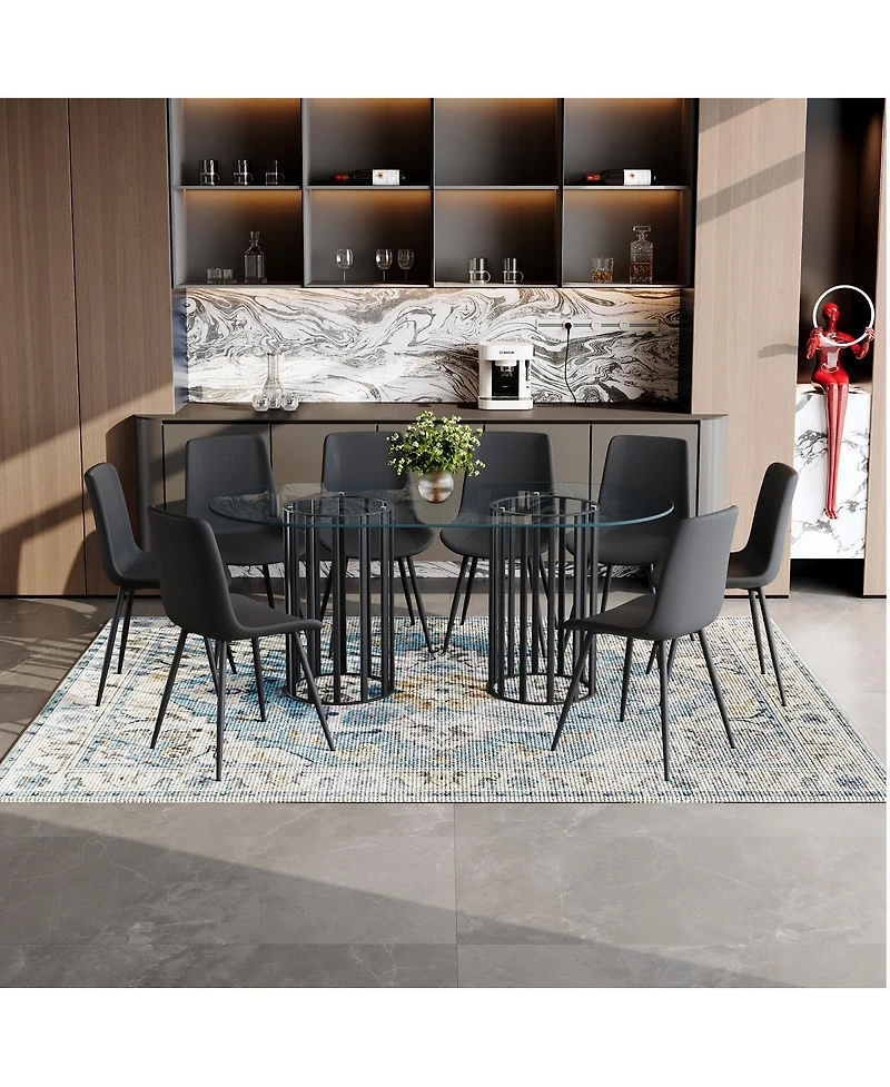 Streamdale Furniture 71 inch Oval Glass Dining Table with 8 Pu Leather Chairs