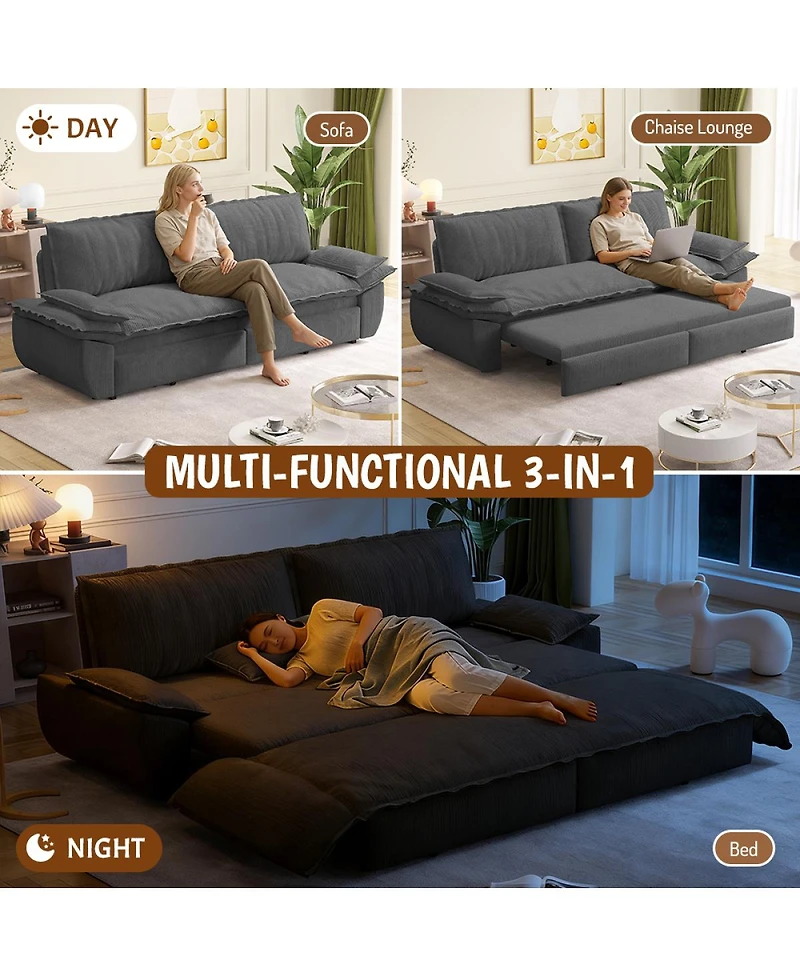 Streamdale Furniture 73.2'' 3-in-1 Convertible Queen Pull-Out Corduroy Sleeper Sofa