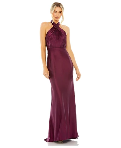 Mac Duggal Women's Halter Neck Pleated Satin Gown