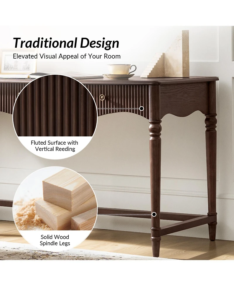 Hulala Home Polly 60''W Traditional 3 Drawers Fluted Simple Assembly Desk with Power Outlets