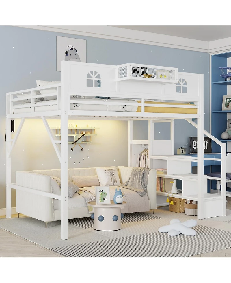 Streamdale Furniture Metal Loft Bed with Stairs Wardrobe and Guardrails